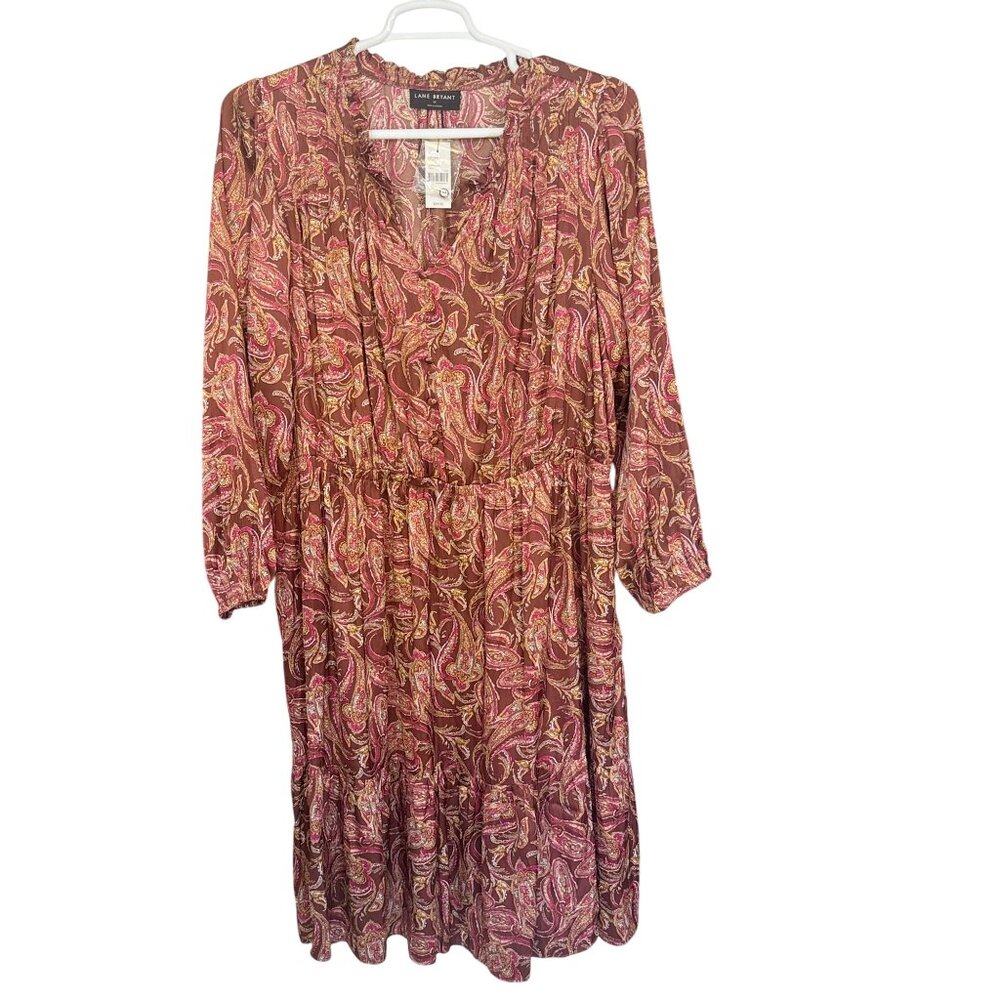 Lane Bryant Dress Womens 22 Brown Pink Paisley Midi Elastic Waist 3/4 Sleeve